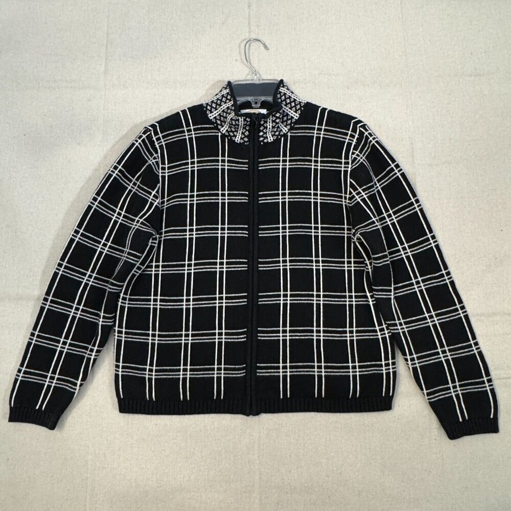 Talbots Black & White Windowpane Plaid Zip Front Sweater Embellished Collar LP